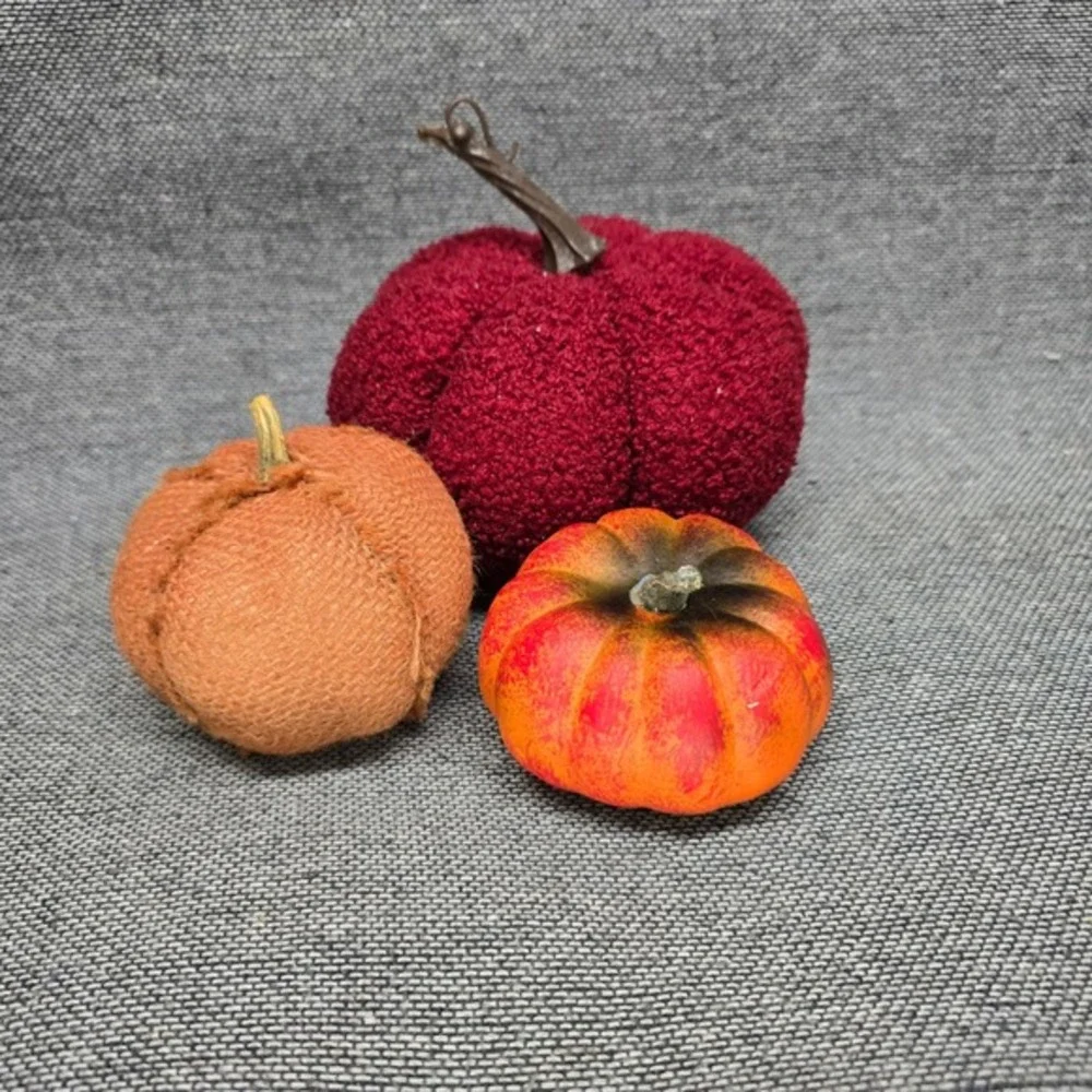 Decorative Pumpkins Fall Harvest Set of 3 Orange Burgundy‎ Rustic